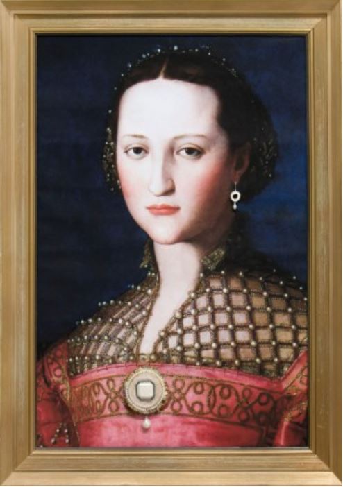 Brooch and Earring, 2017, sterling silver, deer antler rose, bone, seed-pearls, baroque pearl on print - Eleanor of Toledo by Agnolo Bronzino, 1543.